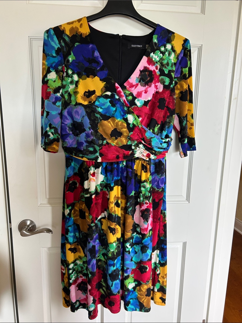 Ellen Tracy Multicolor Floral V-Neck Wrap Dress